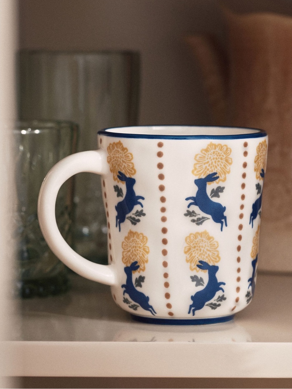 Anthropologie Stoneware Mug Millie Cup New Rustic Farm Bunny Rabbit Blue Yellow